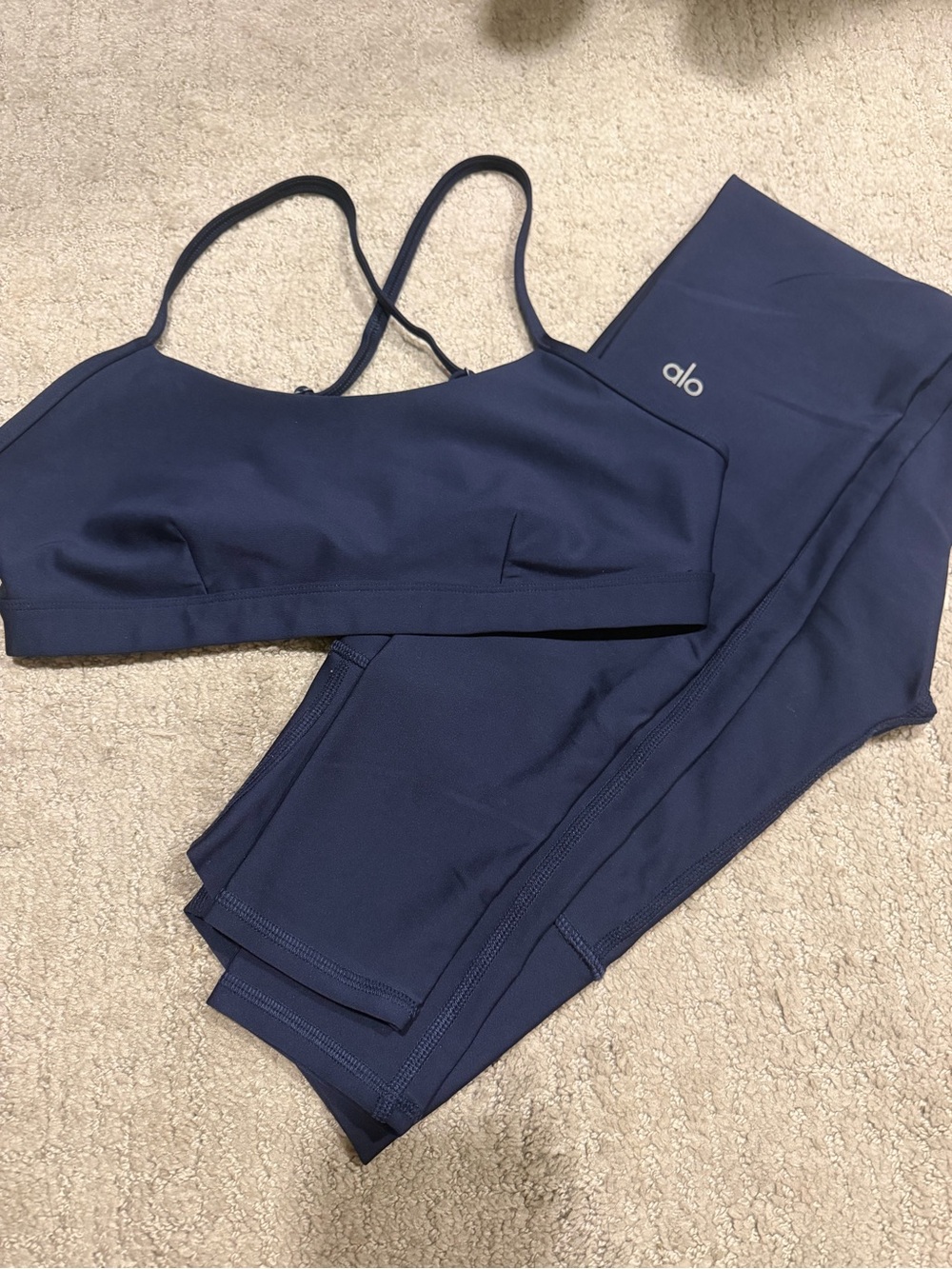 ALO Yoga Airlift Navy Blue Leggings & Sports Bra Set